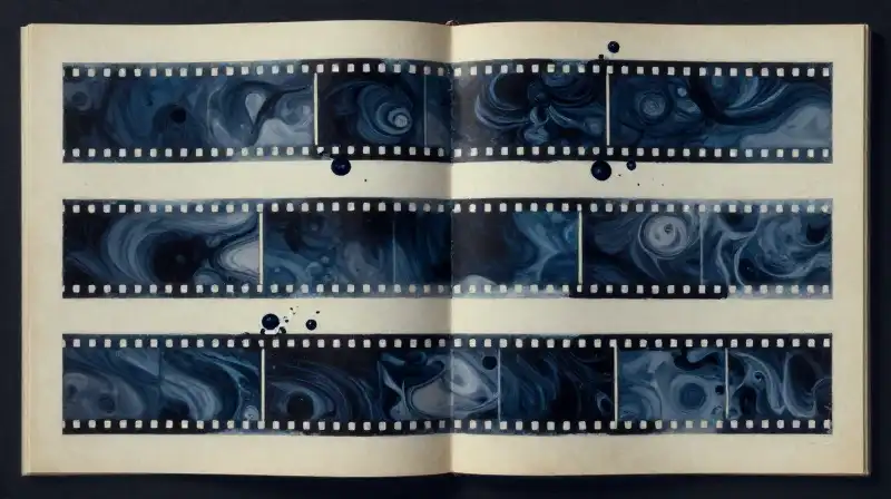 Cinematic film strips flowing through an open ink-blue manuscript
