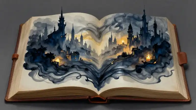 An open book blending into a vast, atmospheric landscape