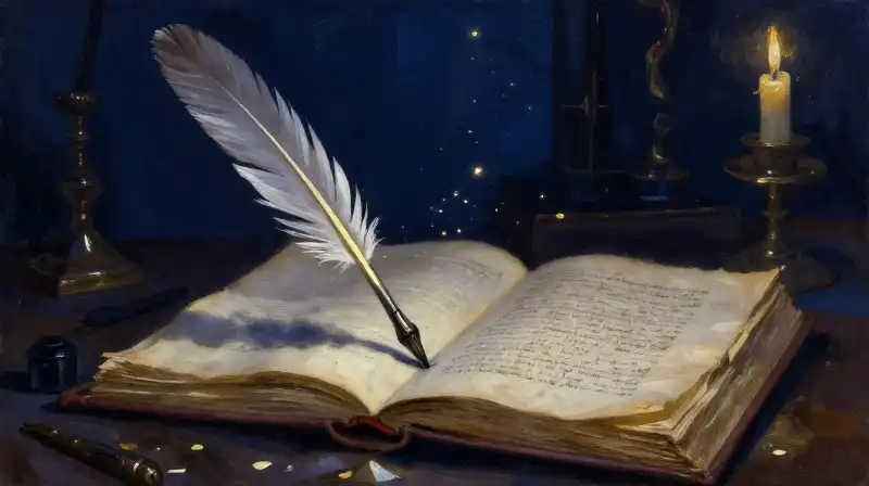An open antique manuscript and quill in a moody blue study