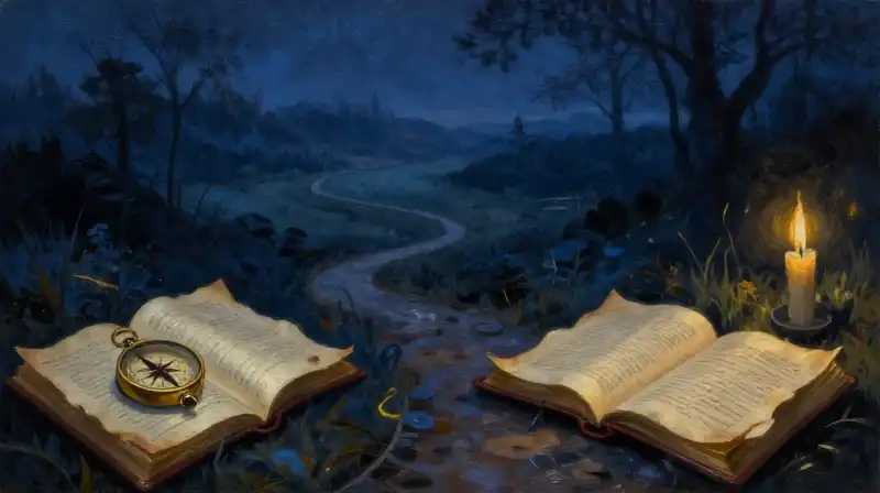 A winding path of books through misty historical landscapes