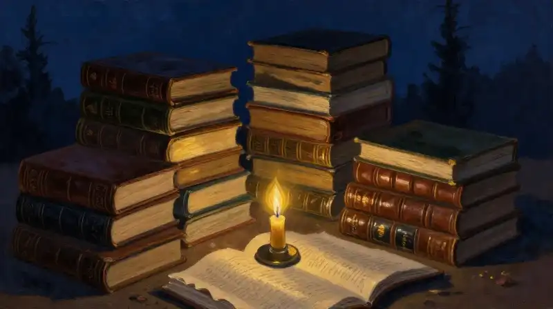 Stacks of old books and manuscripts in a moody blue study