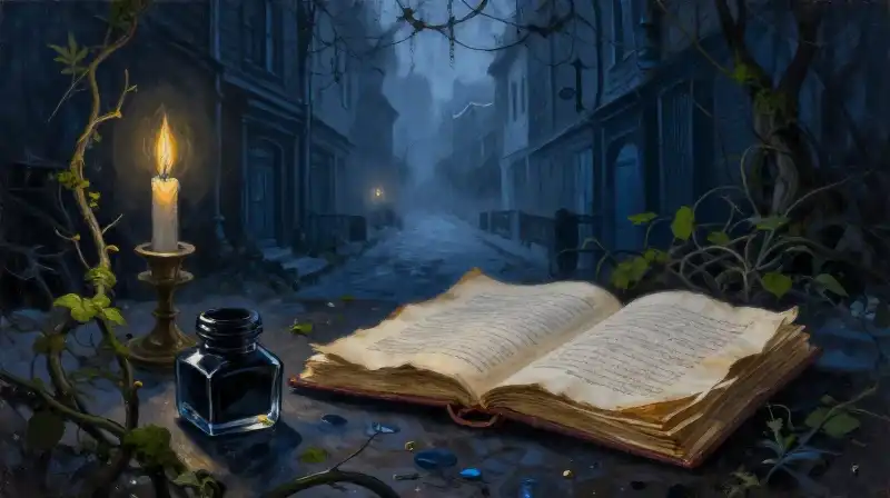 Atmospheric literary illustration of dark manuscripts and misty Victorian streets