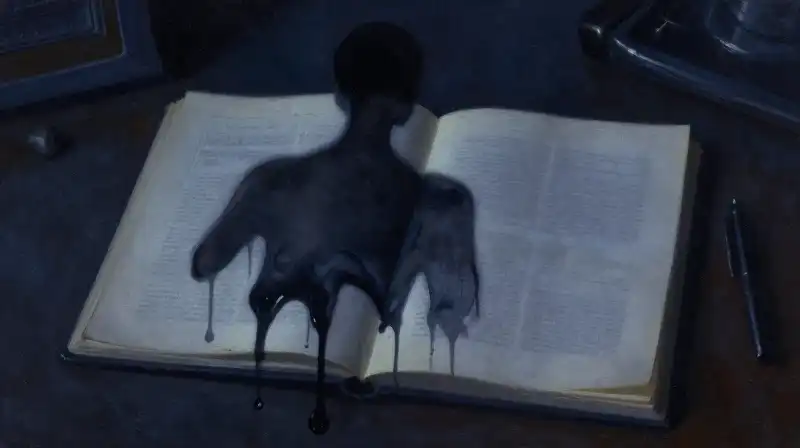 Literary illustration of a silhouette merging with ink shadows