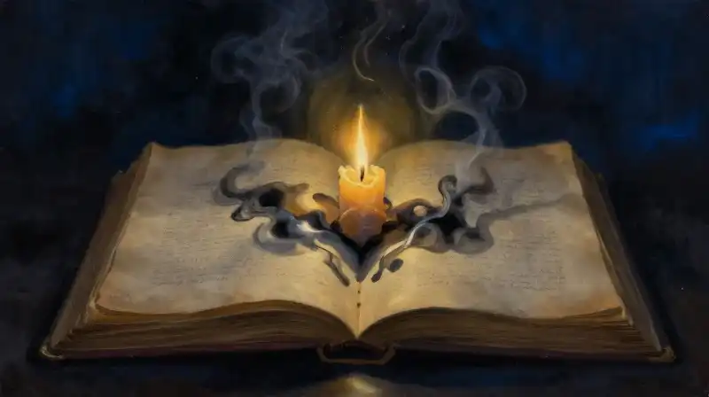 An open antique book with swirling ink shadows in indigo blue