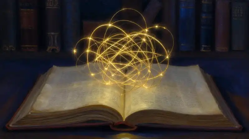 An open manuscript surrounded by tangled golden glowing threads in a dark blue library
