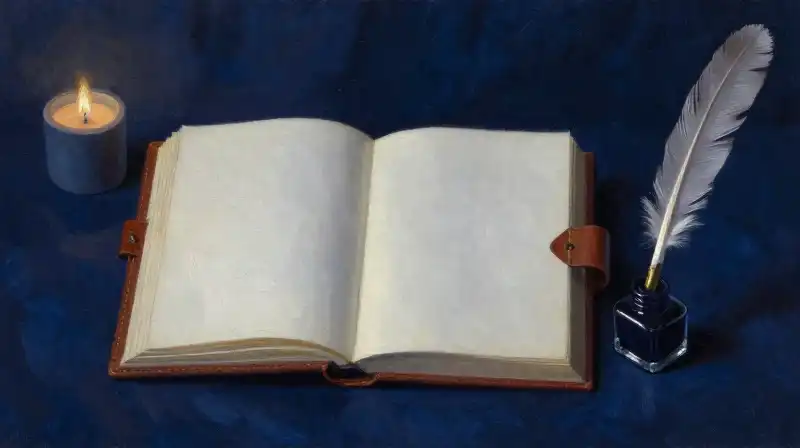 An open manuscript with a quill in a moody blue setting