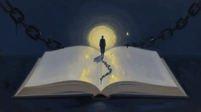 An open book showing a character walking toward freedom