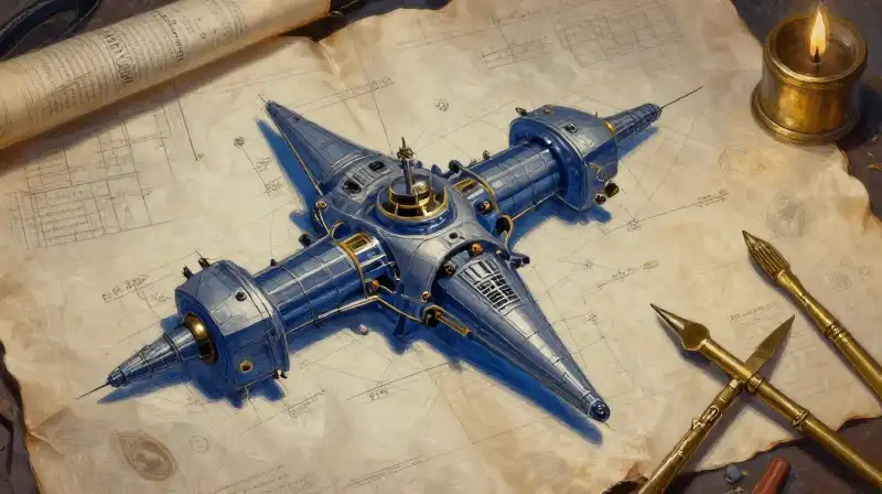 Mechanical blueprints and drafting tools on aged parchment in indigo tones