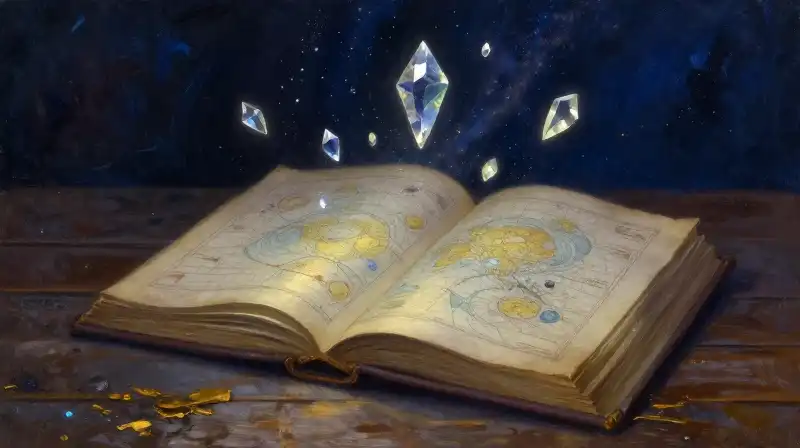 An open book with glowing cosmic maps and stardust elements