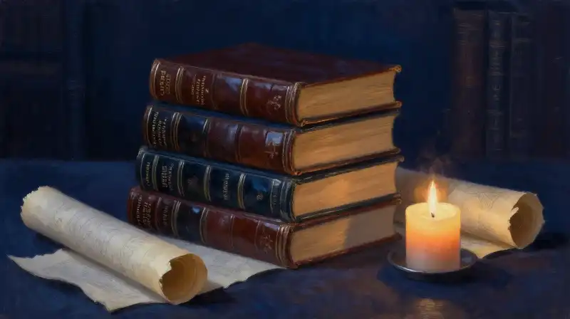 Stack of antique books and parchment in moody blue light