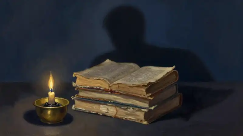 Old manuscripts under a heavy shadow in moody indigo tones