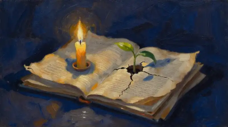 A candle and manuscripts in deep blue tones with golden light