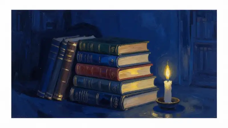 Stack of old books in a dark blue moody library