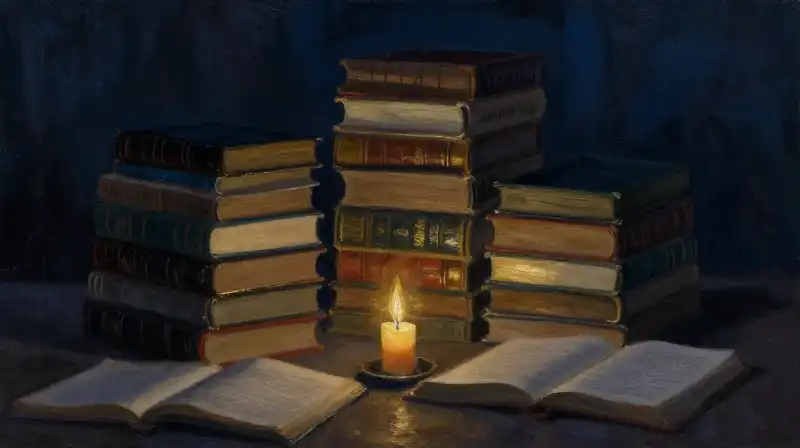 Stacked old books and a candle in a dark blue study
