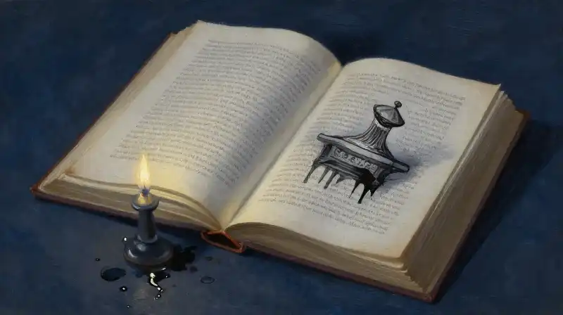 Open classic book with alternating text and atmospheric illustrations