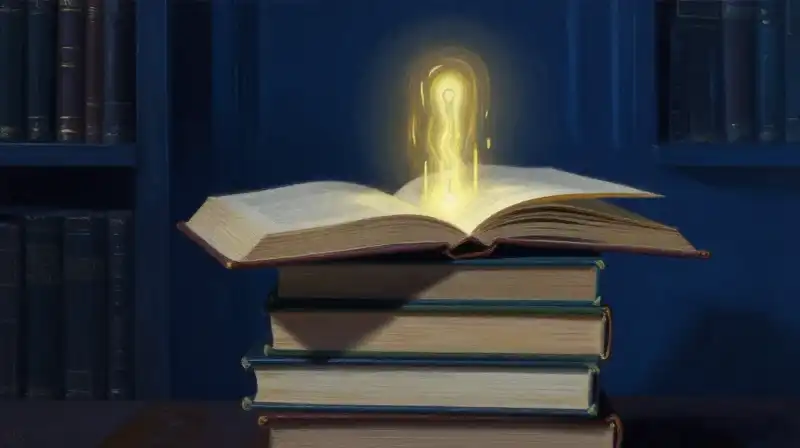 glowing light emanating from open vintage books in a dark library