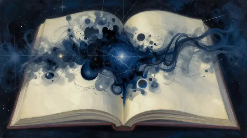 Painterly cosmic landscape emerging from an open book in deep blue tones