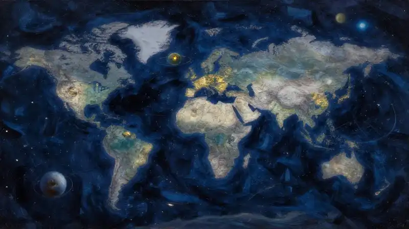 An atmospheric illustration of a cosmic star map in indigo hues