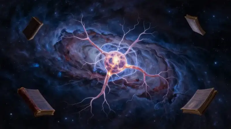 A cosmic nebula merging with a glowing neural synapse and old books