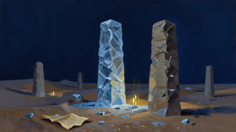 Ancient pillars and manuscripts in a moody blue landscape