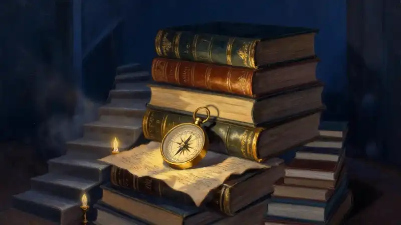 A stack of books forming a staircase in soft blue light