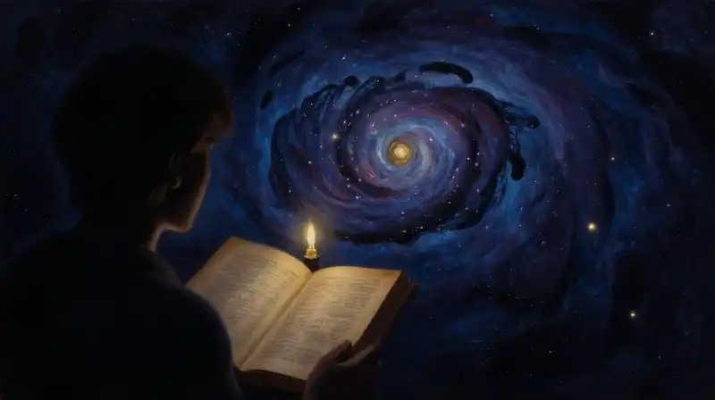 A silhouette reading a book amidst a swirling blue cosmic nebula
