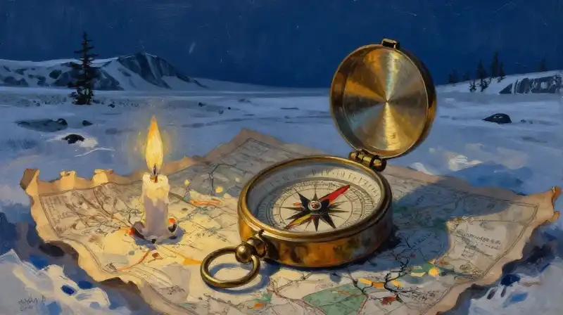 Antique compass and map in a dark blue snowy landscape
