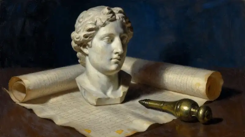 An ancient marble bust and scrolls in moody indigo lighting