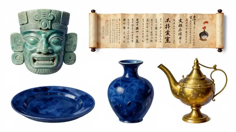 Diverse ancient artifacts from Maya, China, and India in indigo tones