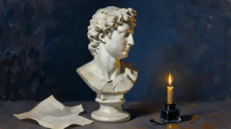 An ancient marble bust reflecting a modern shadow in blue tones