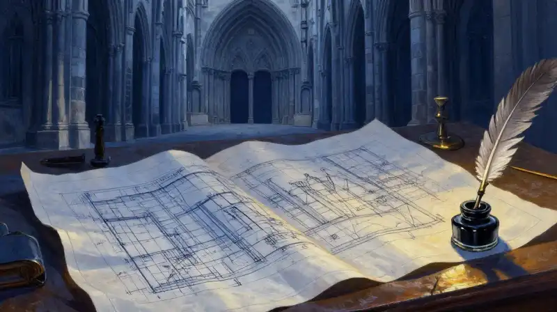 Epic historical blueprints and quill on a blue desk