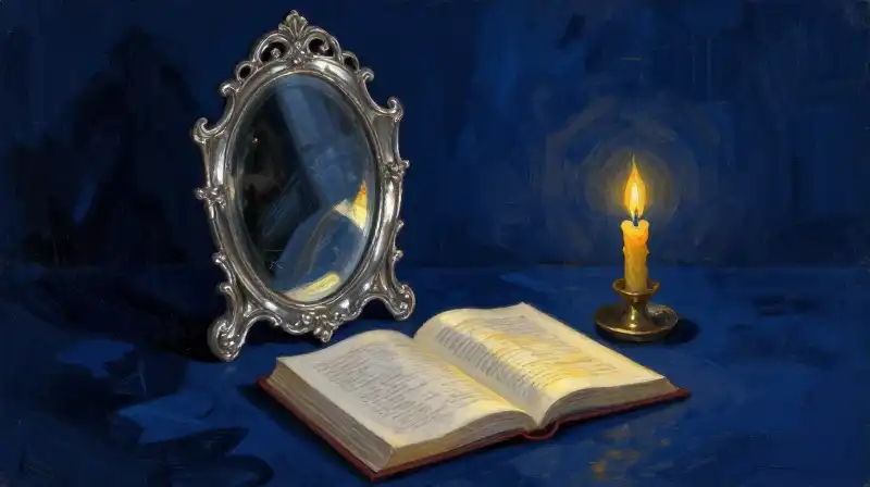 An antique mirror reflecting a historical landscape near an open book
