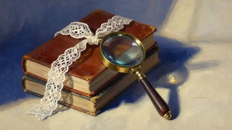 Stack of vintage books and an antique magnifying glass