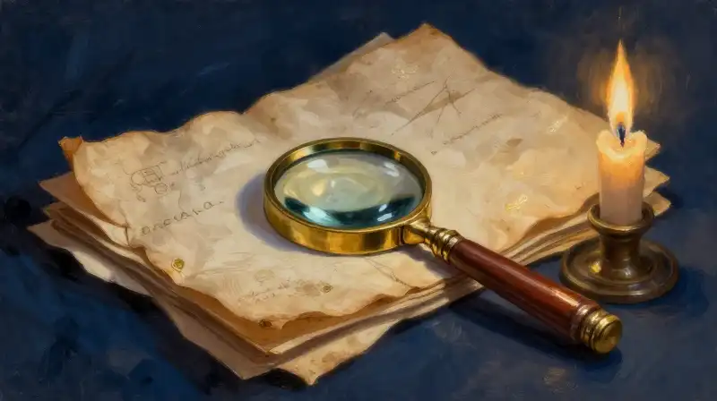 Stacked antique manuscripts and a brass magnifying glass in moody blue light