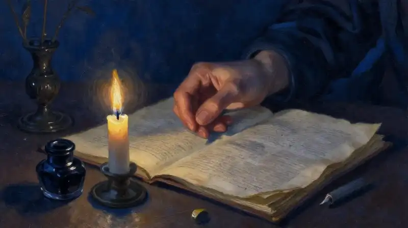 Woman studying old manuscripts in candlelight with deep blue tones