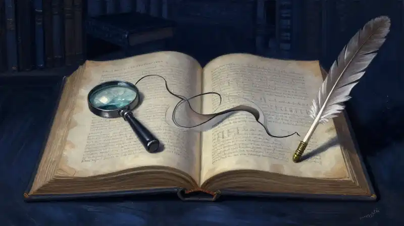 An open book with symbolic historical objects in deep blue tones