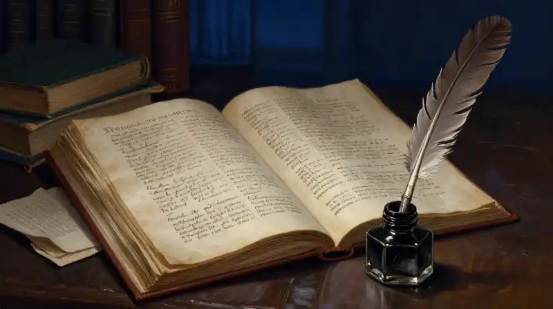 An open manuscript and quill in a moody blue library