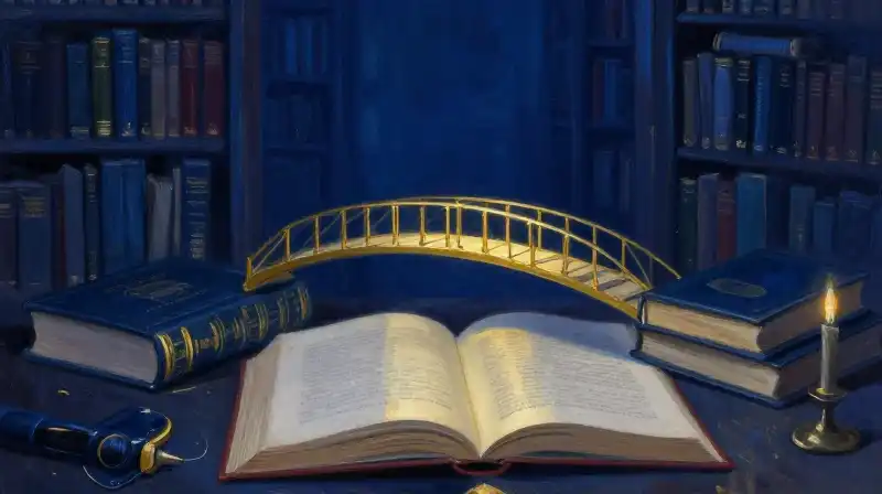 An open storybook and nonfiction tome connected by golden light