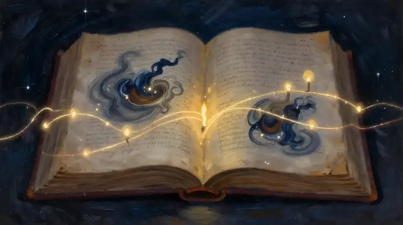 An open book with glowing golden threads connecting historical scenes