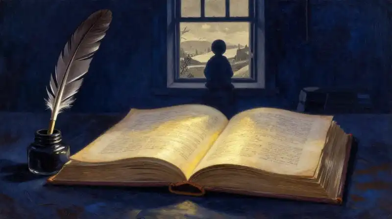 A child reading an open book depicting historical scenes in indigo tones