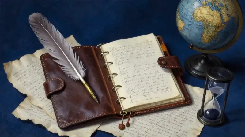 An open journal and quill on a dark blue literary background