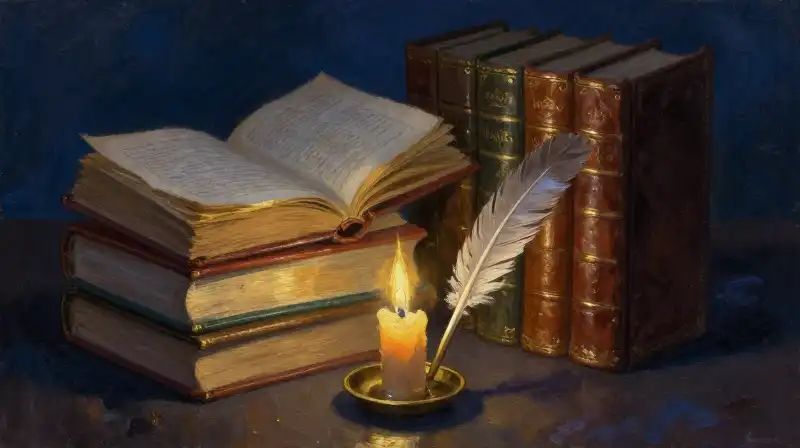 Stack of old books and a quill in candlelight