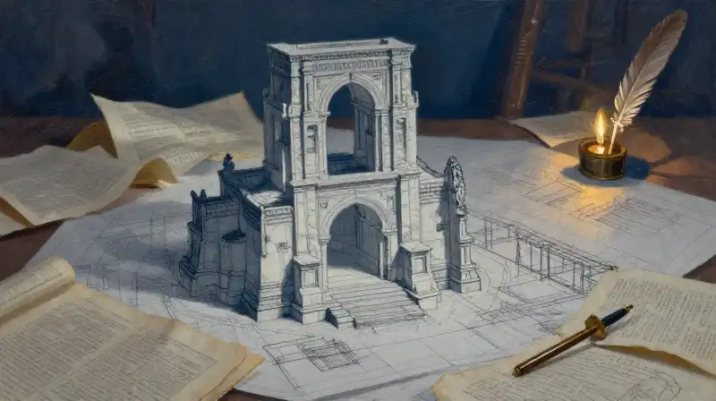 Architectural sketches and ancient manuscripts in deep indigo tones