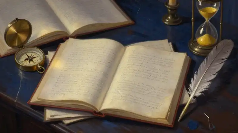 Multiple historical manuscripts and an antique compass in moody blue light