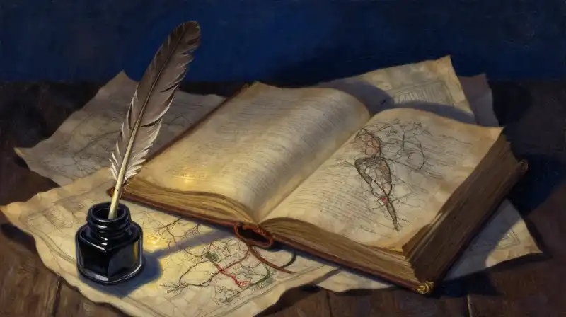 Open antique book and quill in moody blue light