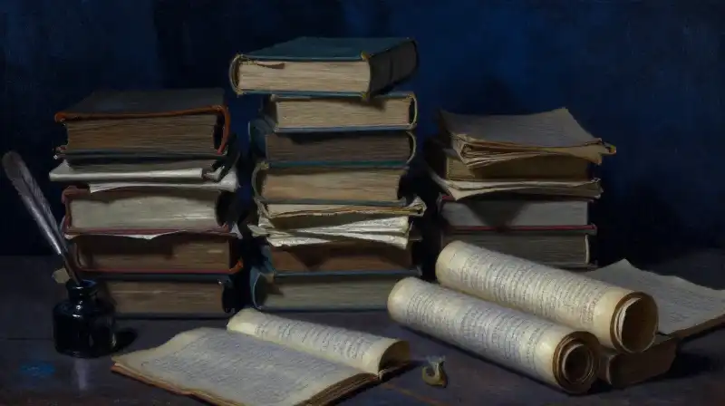 Ancient manuscripts and inkwells in a moody blue library