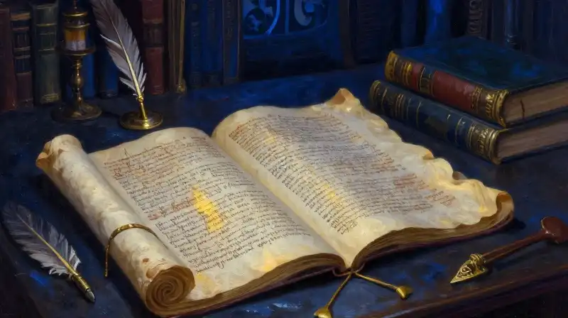 A split composition of a realistic manuscript and a fantasy scroll in indigo tones