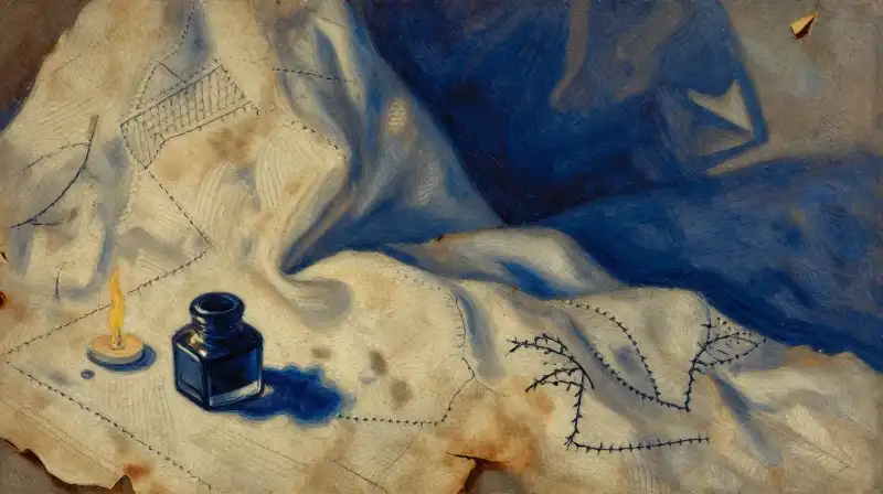 Tactile embroidery and parchment textures in moody indigo light
