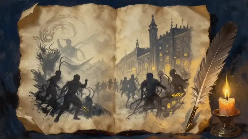 An antique manuscript with ghostly silhouettes in indigo blue