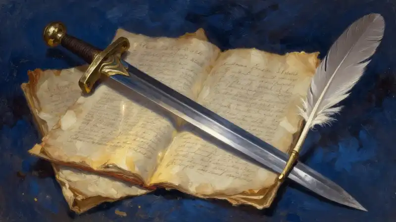 A sword and quill on manuscripts in deep blue tones
